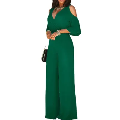 Summer Women Fashion Sexy Solid Color Deep V Neck Wide Leg Jumpsuit With Belt