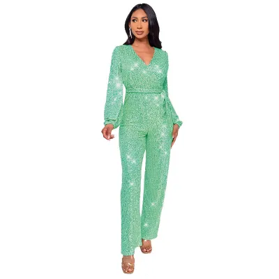 Women Fashion Casual Deep V Sequin Lace-Up Long Sleeve Jumpsuit