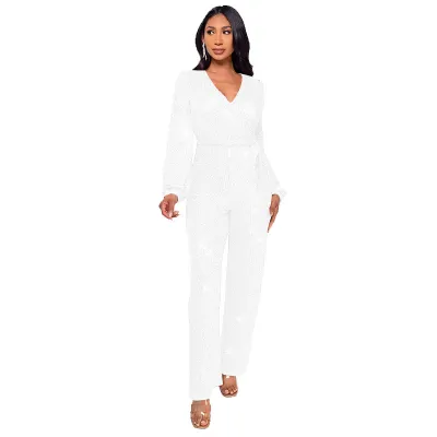 Women Fashion Casual Deep V Sequin Lace-Up Long Sleeve Jumpsuit