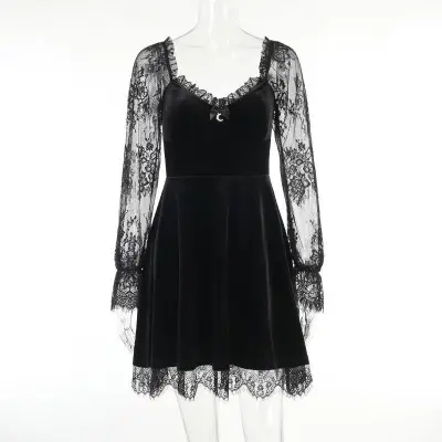 Women Diablo Gothic Lace Stitching Defined Waist Long Sleeve Dress