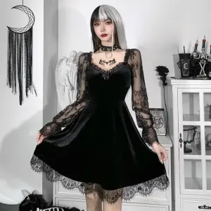 Women Diablo Gothic Lace Stitching Defined Waist Long Sleeve Dress