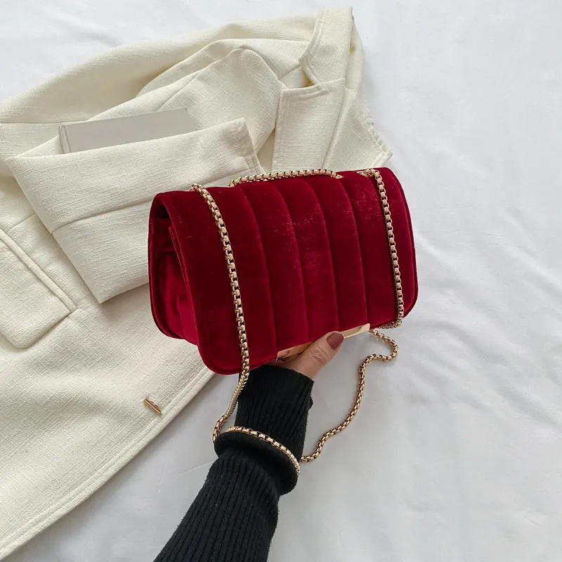 Fashionable And Elegant Velvet Solid Color Chain Shoulder Bag Street Trend Small Square
