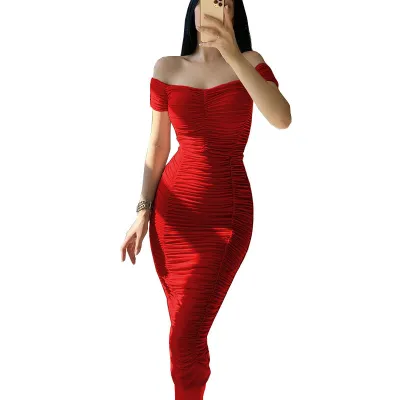 Women Fashion Sexy Solid Color Off Shoulder Creased Tight Polyester Dress