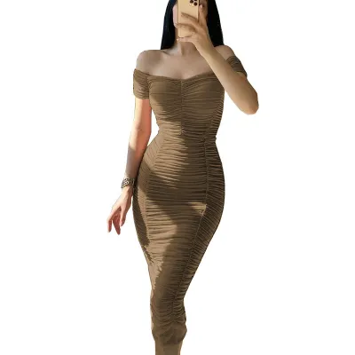 Women Fashion Sexy Solid Color Off Shoulder Creased Tight Polyester Dress