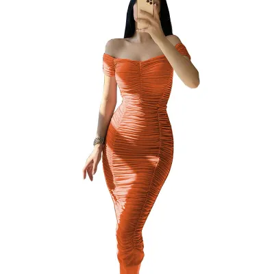 Women Fashion Sexy Solid Color Off Shoulder Creased Tight Polyester Dress