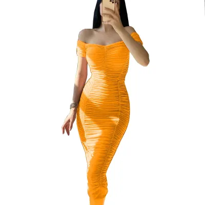 Women Fashion Sexy Solid Color Off Shoulder Creased Tight Polyester Dress