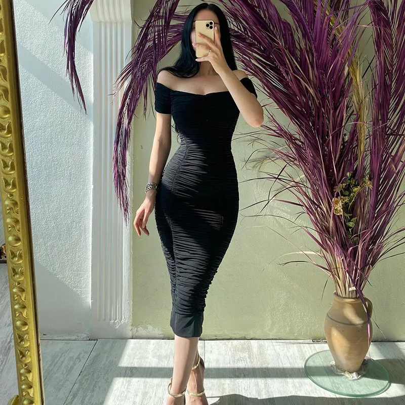 Women Fashion Sexy Solid Color Off Shoulder Creased Tight Polyester Dress