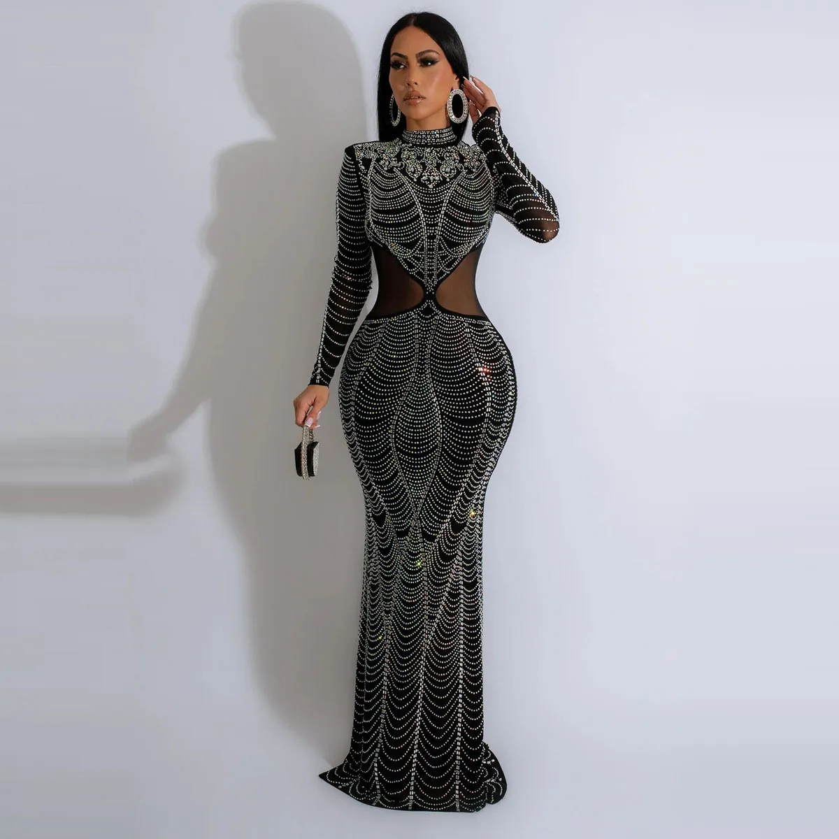 Women Sexy Solid Color Mesh Rhinting Long Sleeve Elegant Party Dress