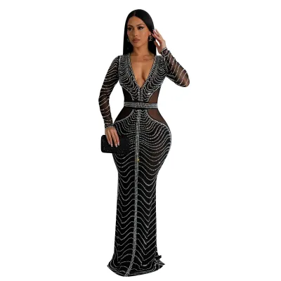 Women Sexy Deep V Mesh Hot Drilling Long Sleeve Maxi Party Dress