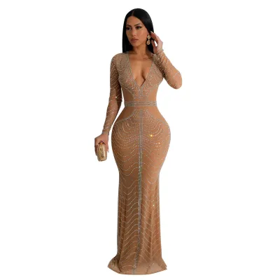 Women Sexy Deep V Mesh Hot Drilling Long Sleeve Maxi Party Dress