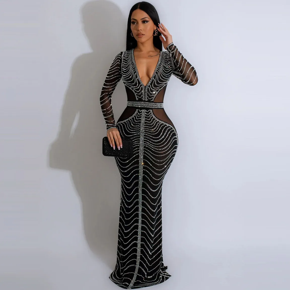 Women Sexy Deep V Mesh Hot Drilling Long Sleeve Maxi Party Dress