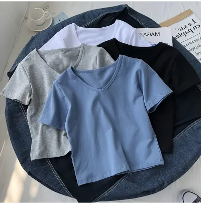 Women's Slim Fit V-Neck Crop T-Shirt in Solid Color - Commuter Wind Style