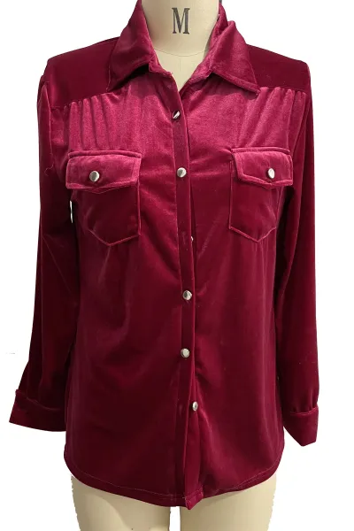 Loose Casual Vintage Gold Velvet Long Sleeve Blouse Women Western Shirt
