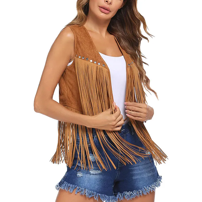 Women Vintage Western Style Tassel Vest Sleeveless Coat