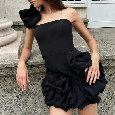 Women Ruffled Flower Bud Tight Waist One-Shoulder Party Dress