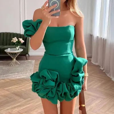 Women Ruffled Flower Bud Tight Waist One-Shoulder Party Dress