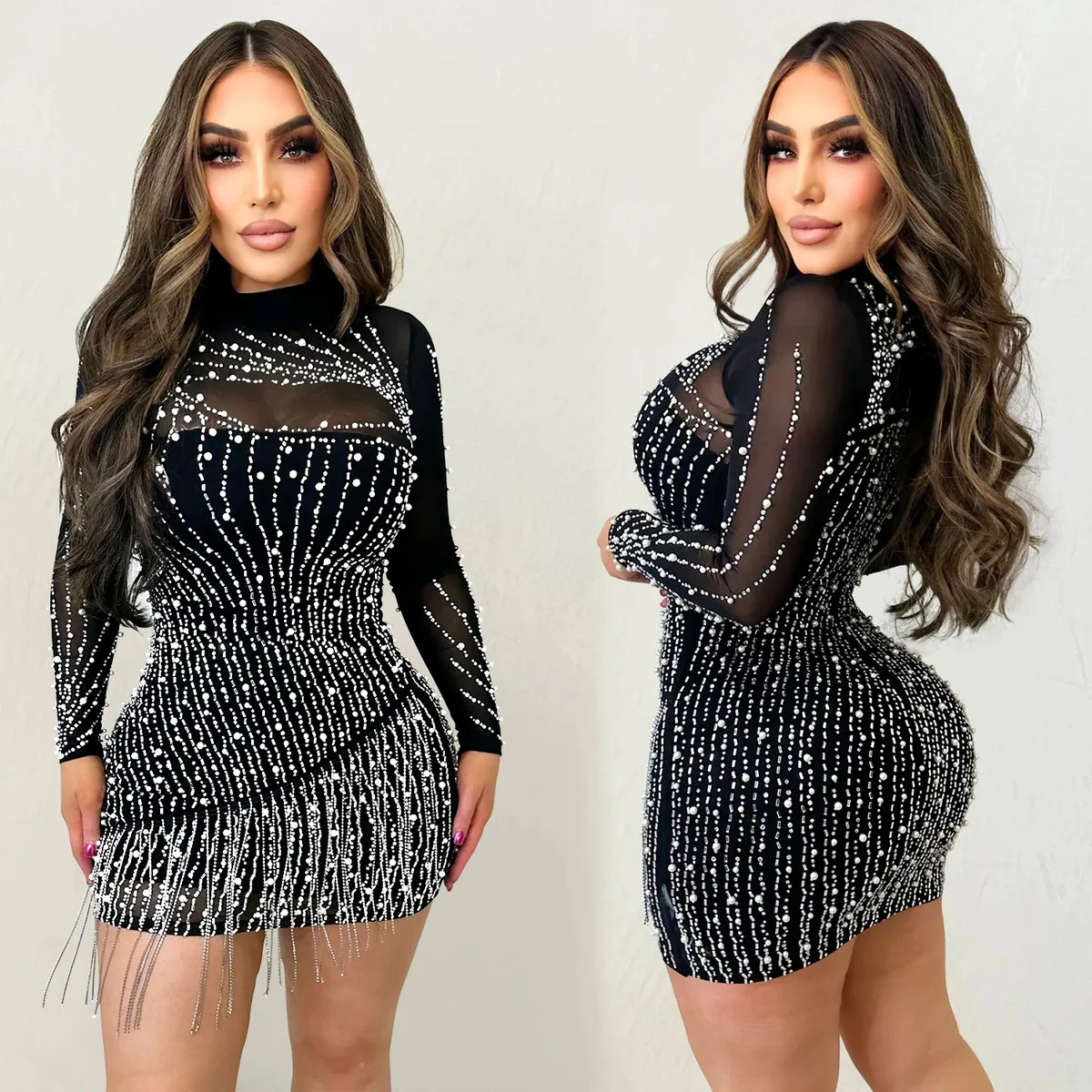 Women Long Sleeve Mesh Rhinestone Bubble Bead Party Dress