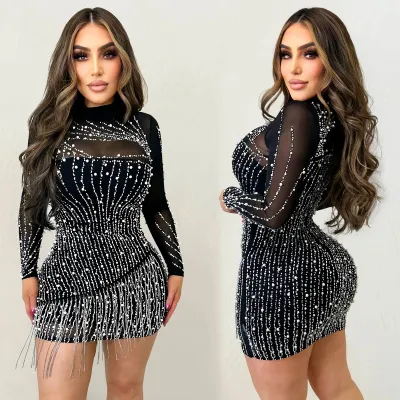 Women Long Sleeve Mesh Rhinestone Bubble Bead Party Dress