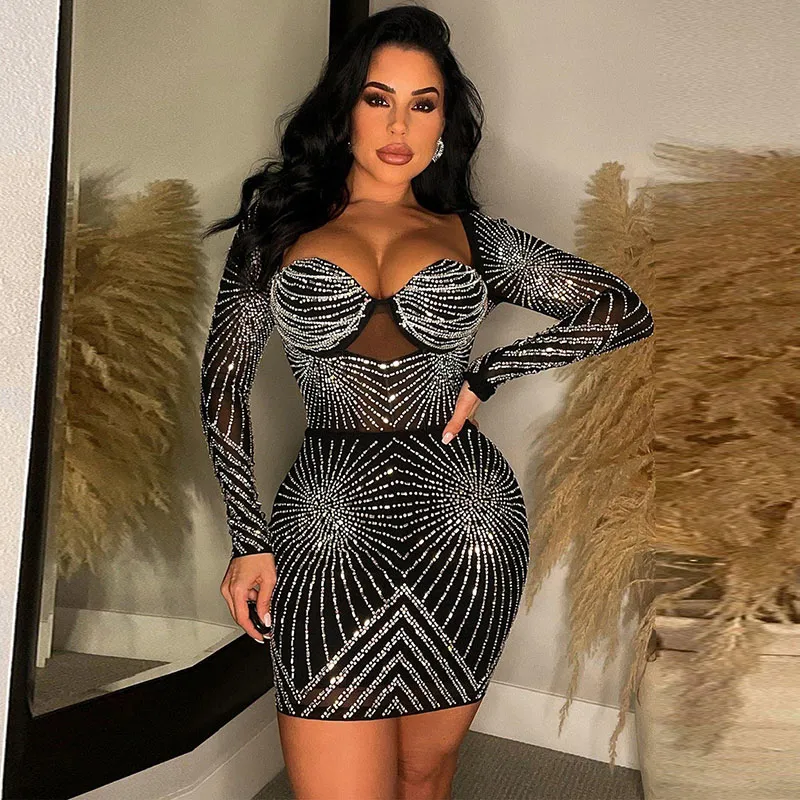 Women Solid Color Mesh Rhinestone Long Sleeve Party Mini Dress