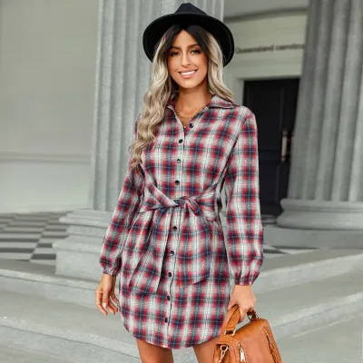 Women Vintage Western Autumn Long Sleeve Plaid Shirt Dress