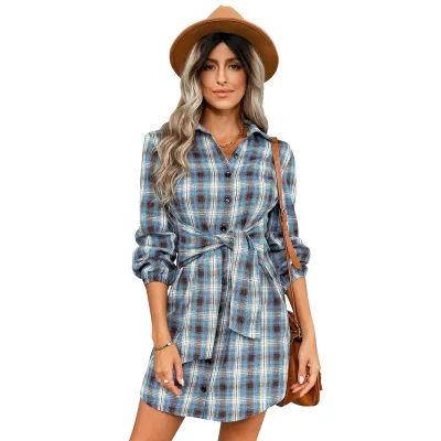 Women Vintage Western Autumn Long Sleeve Plaid Shirt Dress