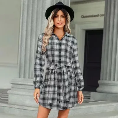 Women Vintage Western Autumn Long Sleeve Plaid Shirt Dress