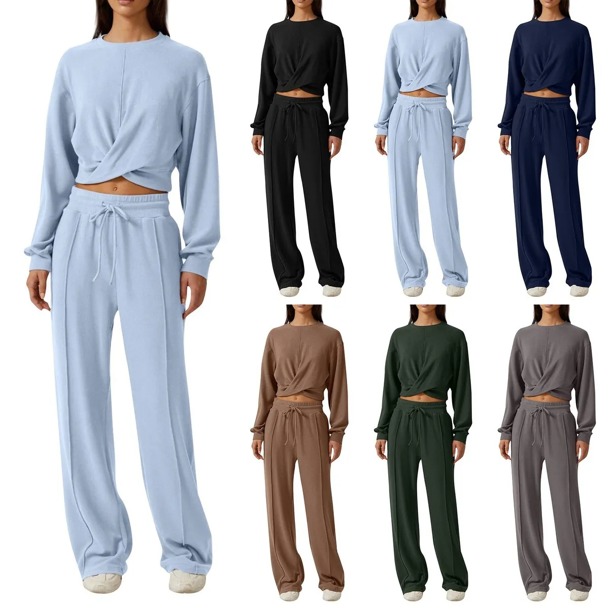 Women Casual Round Neck Long Sleeve Sweatshirt Loose Waist Rope Design Solid Color Wide Leg Pants Set