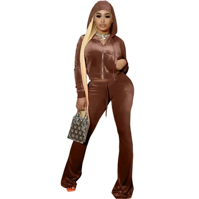 Women Autumn Winter Velvet Hooded Crop Top Casual Street Hipster Pants Set