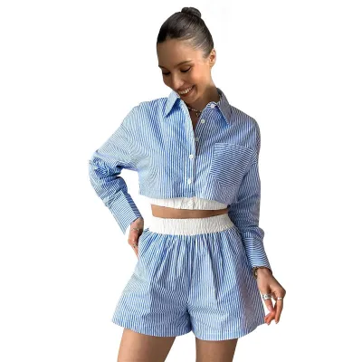 Women Fashion Stripe Long Sleeve Crop Shirt Shorts Set