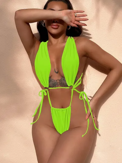 Solid Color Sexy Women Summer Vacation Bandage Cut Out One-Piece Swimsuit