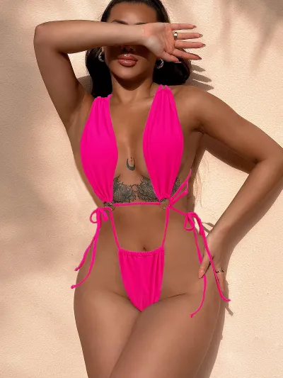 Solid Color Sexy Women Summer Vacation Bandage Cut Out One-Piece Swimsuit