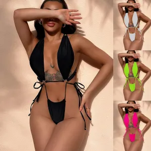 Solid Color Sexy Women Summer Vacation Bandage Cut Out One-Piece Swimsuit