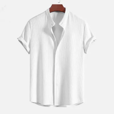 Men Summer Casual Short Sleeve Solid Color Stand Collar Shirt