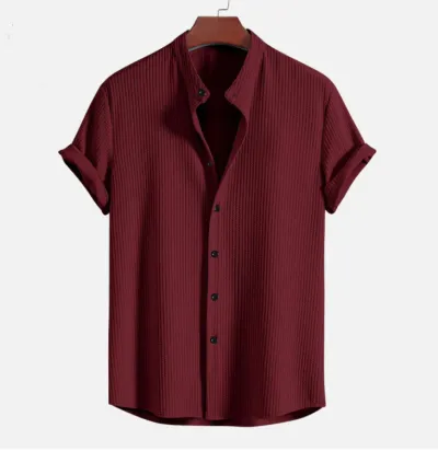Men Summer Casual Short Sleeve Solid Color Stand Collar Shirt