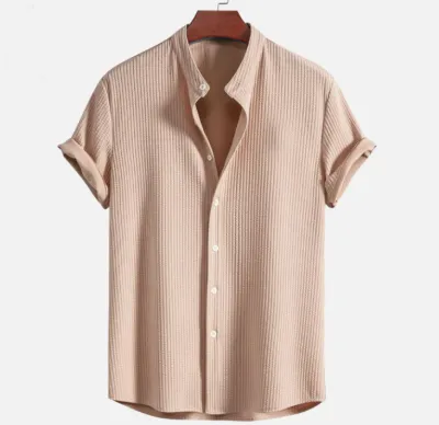 Men Summer Casual Short Sleeve Solid Color Stand Collar Shirt