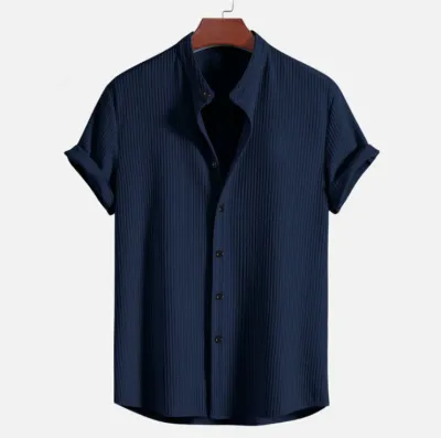 Men Summer Casual Short Sleeve Solid Color Stand Collar Shirt