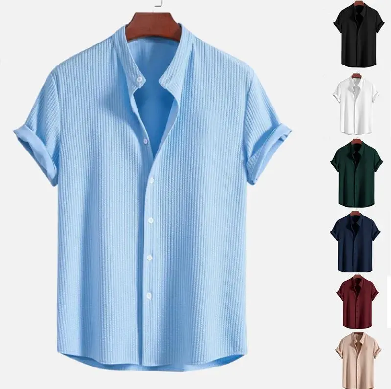 Men Summer Casual Short Sleeve Solid Color Stand Collar Shirt
