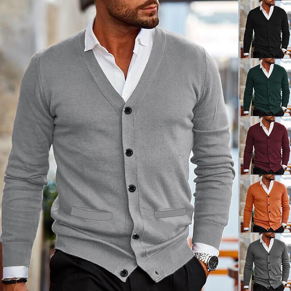 Men Slim V-Neck Long Sleeve Cardigan Knitted Sweater Coat for Autumn Winter