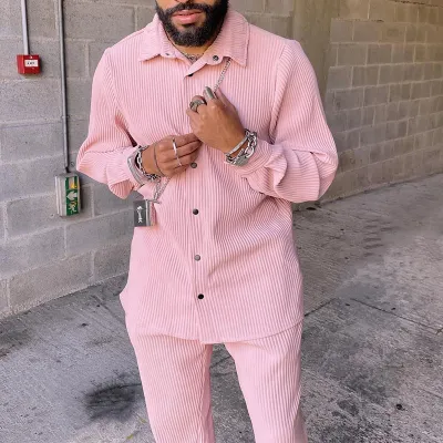 Men Casual Light Cooked Leisure Corduroy Long-Sleeved Shirt and Pants Two-Piece Set