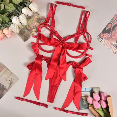 Women Sexy Satin Bow Hollow Leg Ring Sling Bra Set