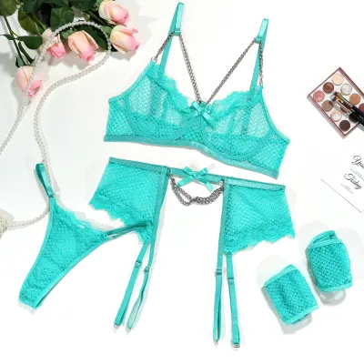 Women Sexy Solid Color Lace Mesh Bra Set