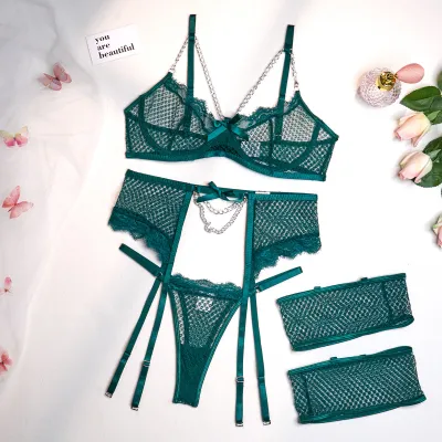 Women Sexy Solid Color Lace Mesh Bra Set