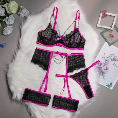 Women Sexy Solid Color Lace Mesh Bra Set