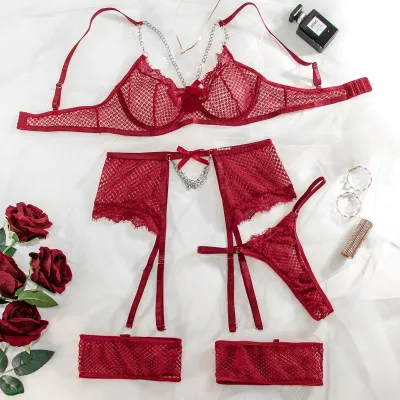 Women Sexy Solid Color Lace Mesh Bra Set