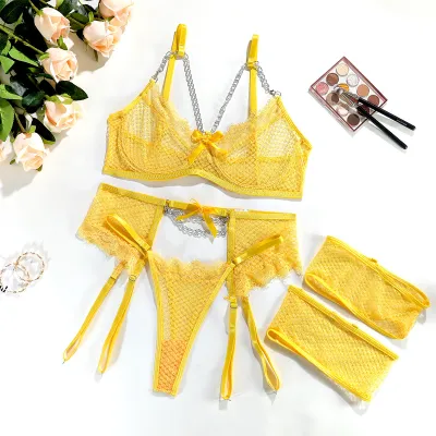 Women Sexy Solid Color Lace Mesh Bra Set