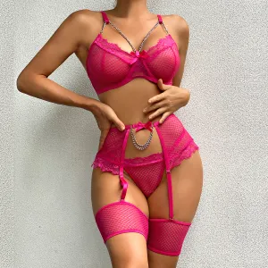 Women Sexy Solid Color Lace Mesh Bra Set