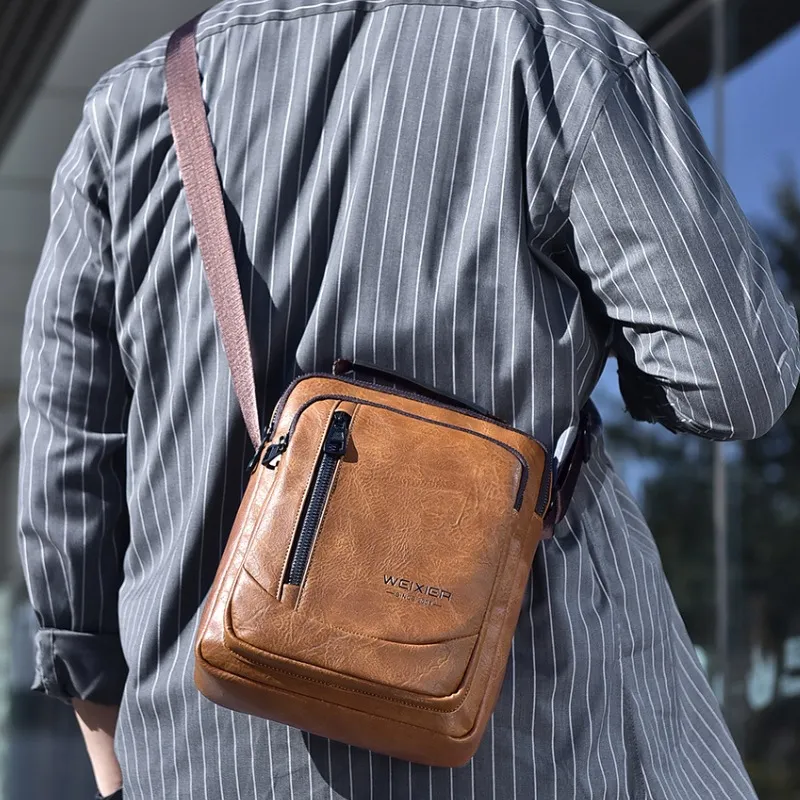 Men Fashion Casual Commuter PU Crossbody Bag Solid Color