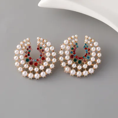 Women Fashion Geometric Round Pearl Alloy Diamond Earrings