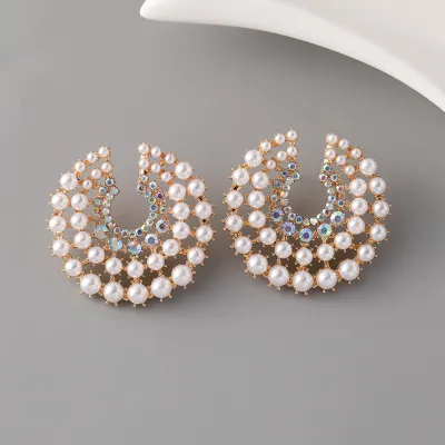 Women Fashion Geometric Round Pearl Alloy Diamond Earrings