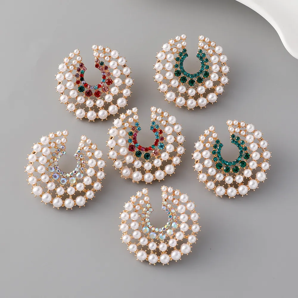 Women Fashion Geometric Round Pearl Alloy Diamond Earrings